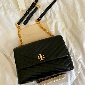 🆕 TORY BURCH NWT Kira Chevron Convertible Shoulder Bag - Black / Gold - AUTH